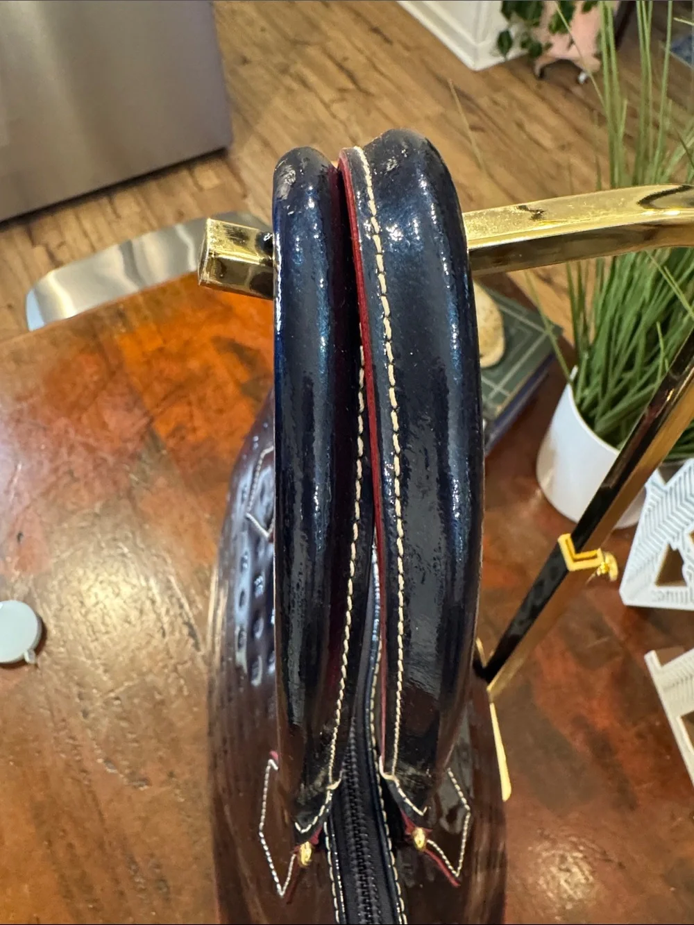 Arcadia Patent Dome Satchel in Navy with Red Trim